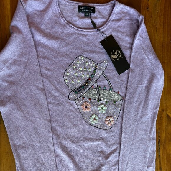 S. Christina 100% Purple with Embroidered Scoop Neck Pullover Sweater New - Picture 1 of 10